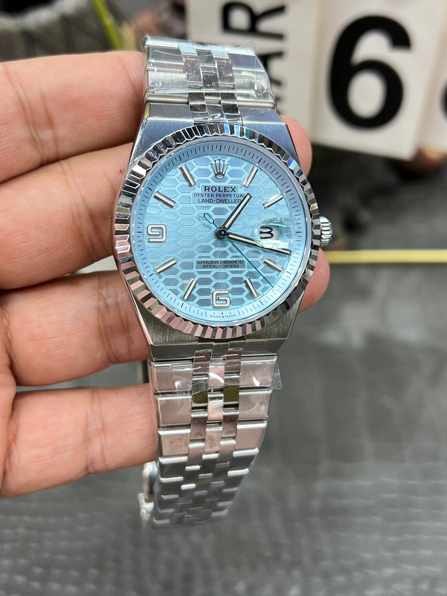Rolex Land-Dweller 40 Ref. M127336-0001 “40mm Platinum / Ice Blue Honeycomb Dial”