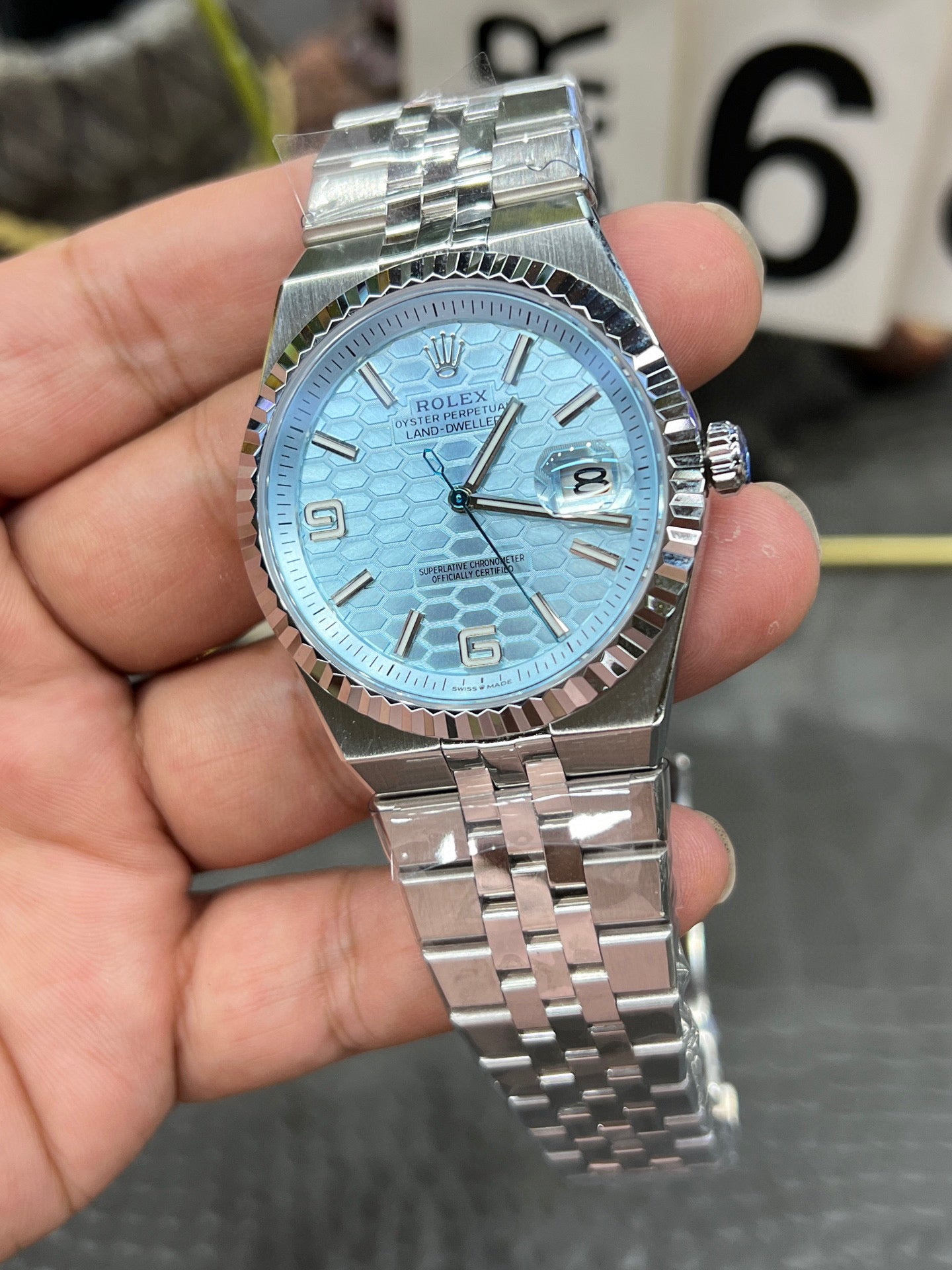 Rolex Land-Dweller 40 Ref. M127336-0001 “40mm Platinum / Ice Blue Honeycomb Dial”