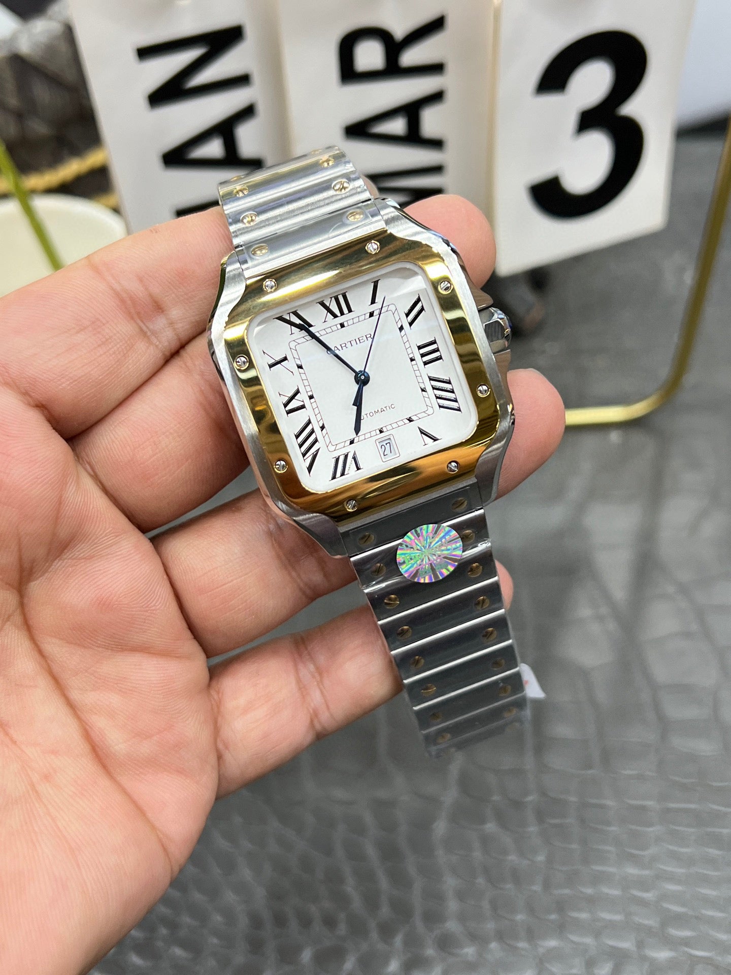 Cartier Santos de Cartier Ref. W2SA0009 “Large Model Steel / Yellow Gold / Silver Opaline Dial