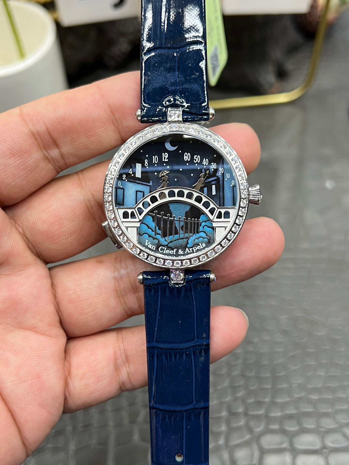 Van Cleef & Arpels Lady Arpels Pont des Amoureux Ref. VCARO8TY00 “38mm White Gold / Grisaille Enamel Dial with Diamond Bridge
