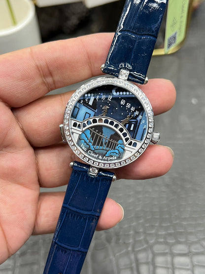 Van Cleef & Arpels Lady Arpels Pont des Amoureux Ref. VCARO8TY00 “38mm White Gold / Grisaille Enamel Dial with Diamond Bridge