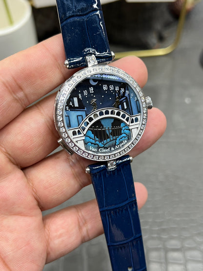 Van Cleef & Arpels Lady Arpels Pont des Amoureux Ref. VCARO8TY00 “38mm White Gold / Grisaille Enamel Dial with Diamond Bridge