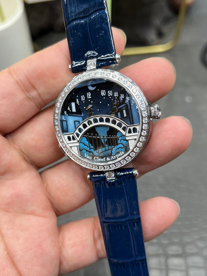 Van Cleef & Arpels Lady Arpels Pont des Amoureux Ref. VCARO8TY00 “38mm White Gold / Grisaille Enamel Dial with Diamond Bridge