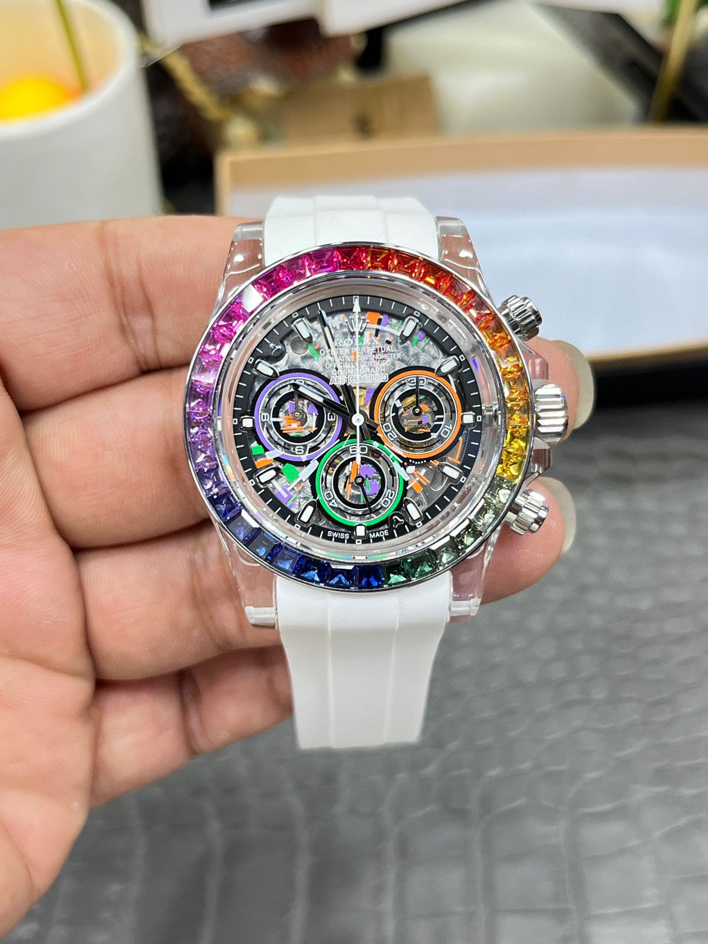 Rolex Daytona Custom Skeleton Transparent Case with Rainbow Bezel