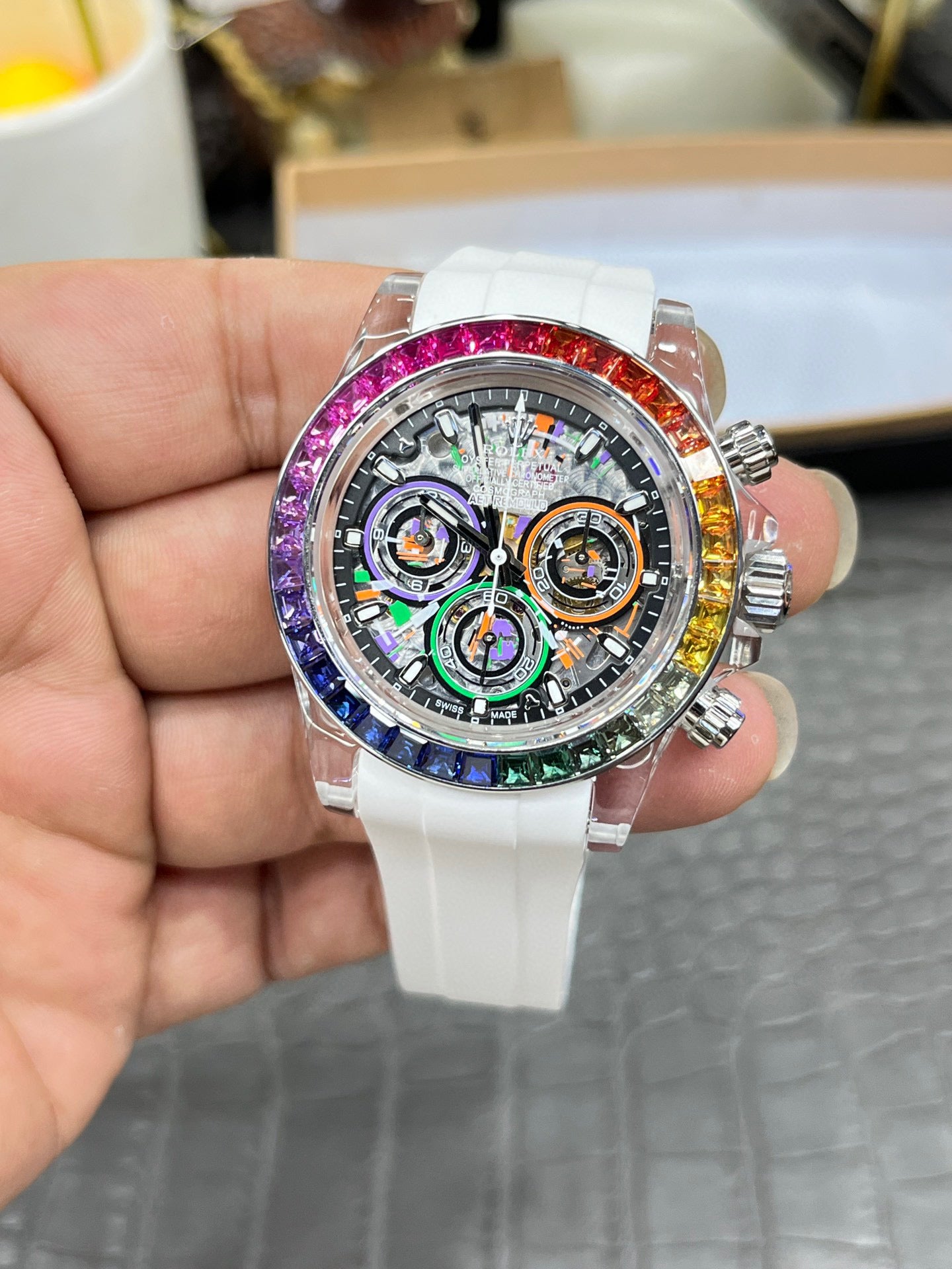 Rolex Daytona Custom Skeleton Transparent Case with Rainbow Bezel
