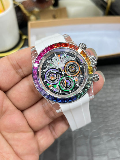 Rolex Daytona Custom Skeleton Transparent Case with Rainbow Bezel
