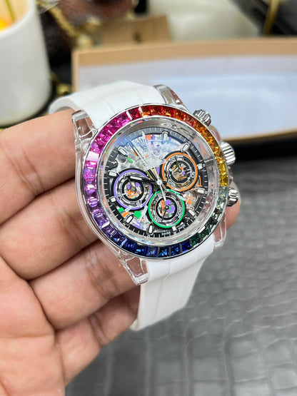 Rolex Daytona Custom Skeleton Transparent Case with Rainbow Bezel