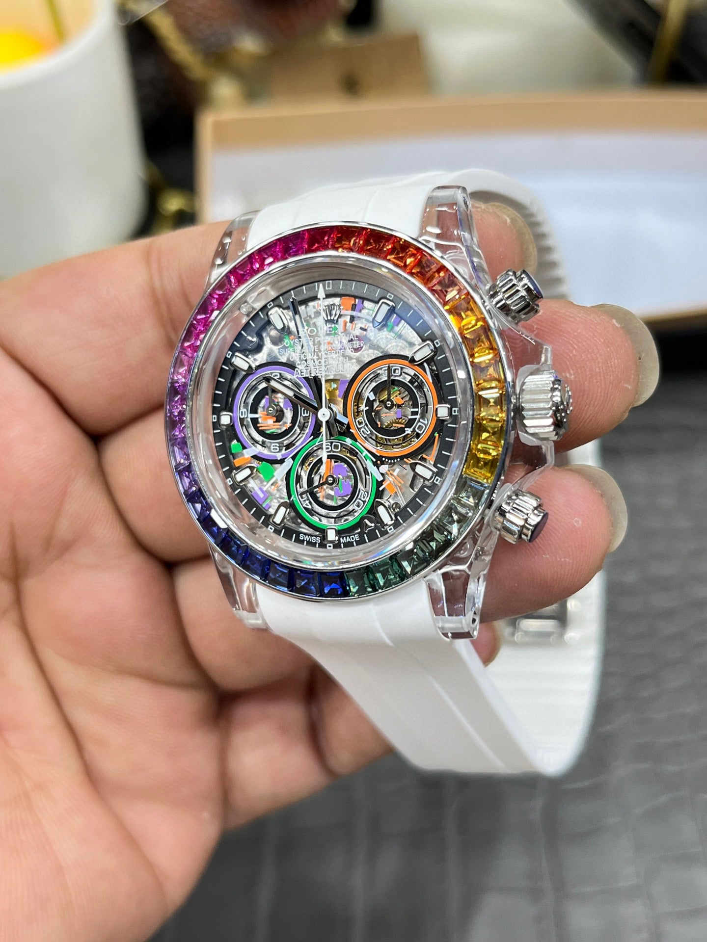 Rolex Daytona Custom Skeleton Transparent Case with Rainbow Bezel
