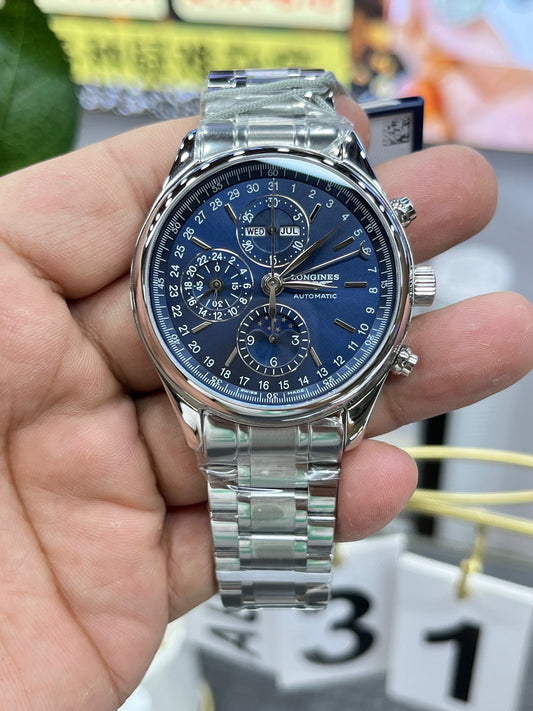 Longines с 8 стрелками, лунный фазовый индикатор, синий циферблат