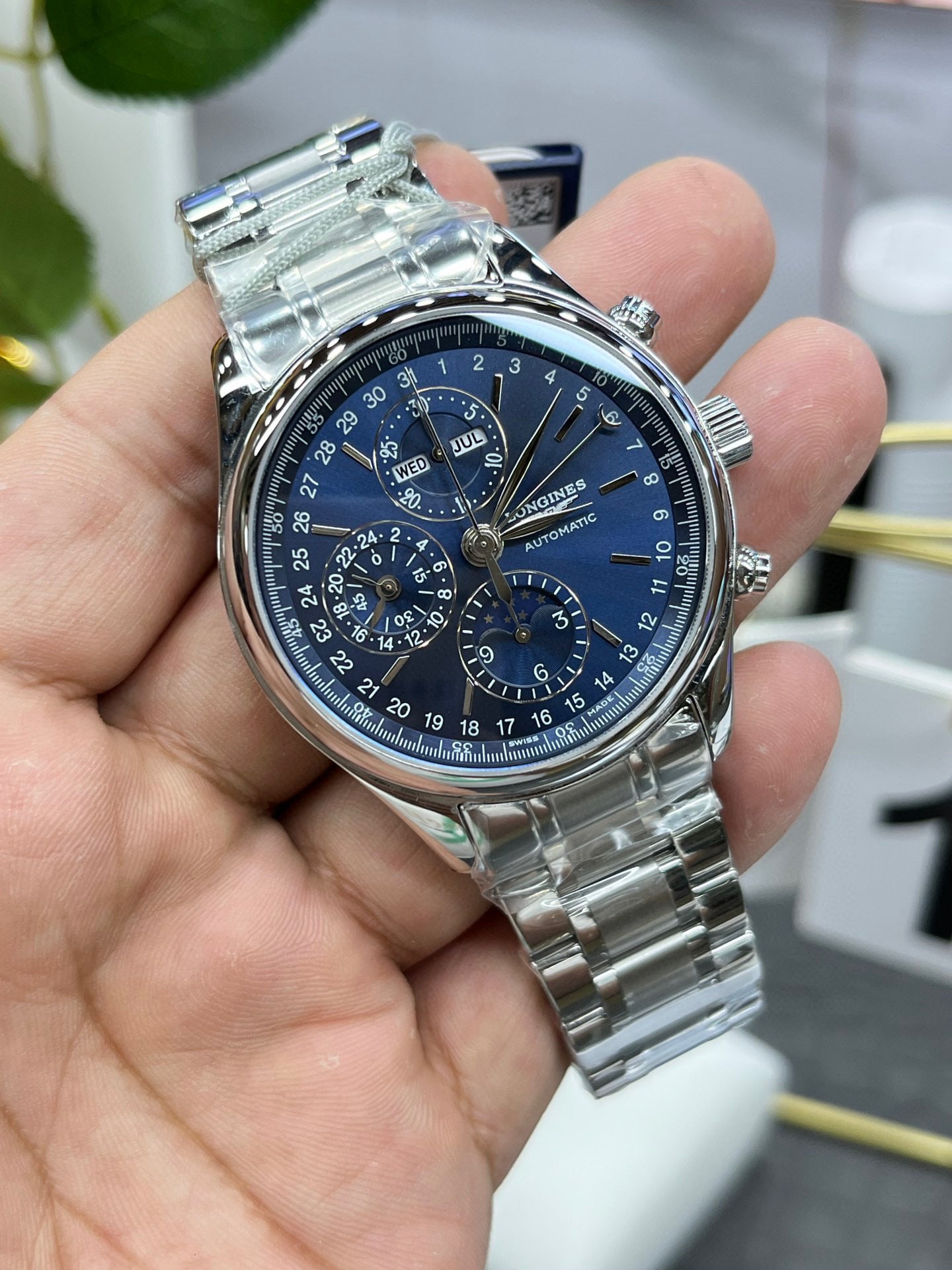 Longines с 8 стрелками, лунный фазовый индикатор, синий циферблат