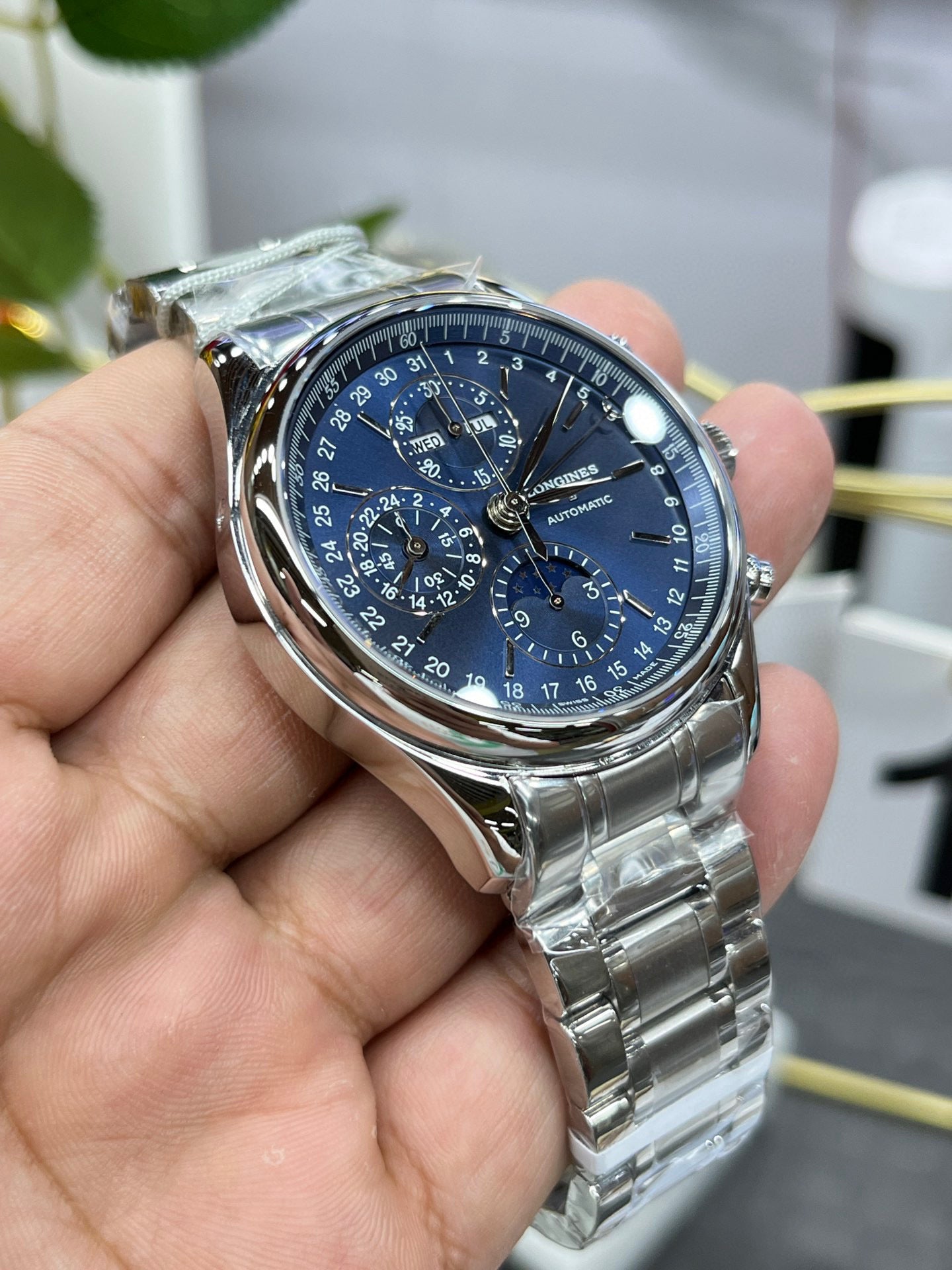 Longines с 8 стрелками, лунный фазовый индикатор, синий циферблат