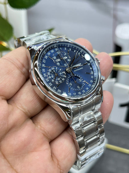 Longines с 8 стрелками, лунный фазовый индикатор, синий циферблат