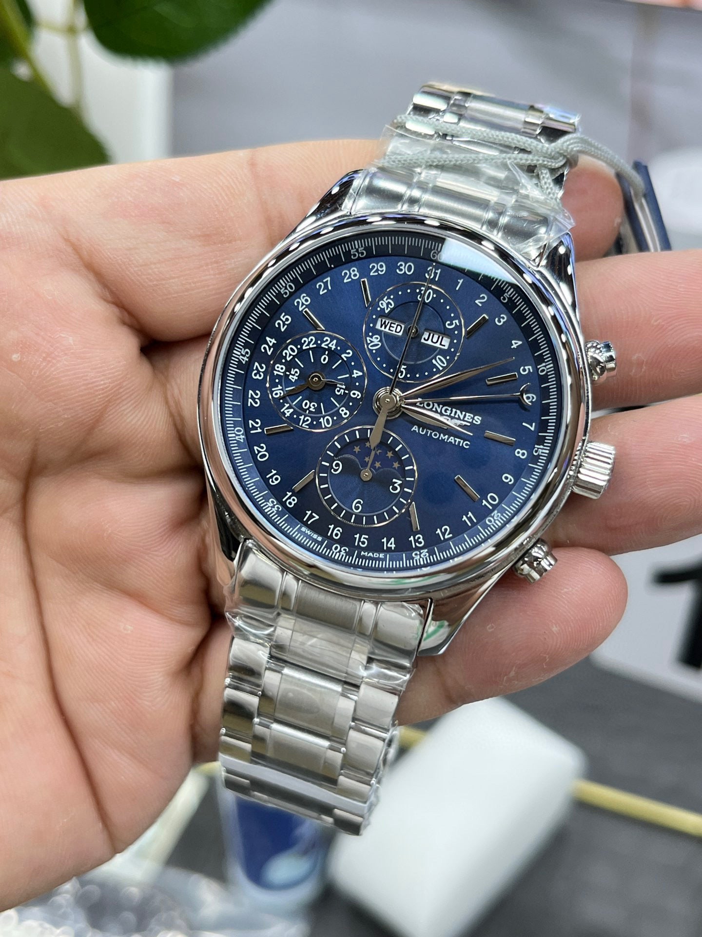 Longines с 8 стрелками, лунный фазовый индикатор, синий циферблат