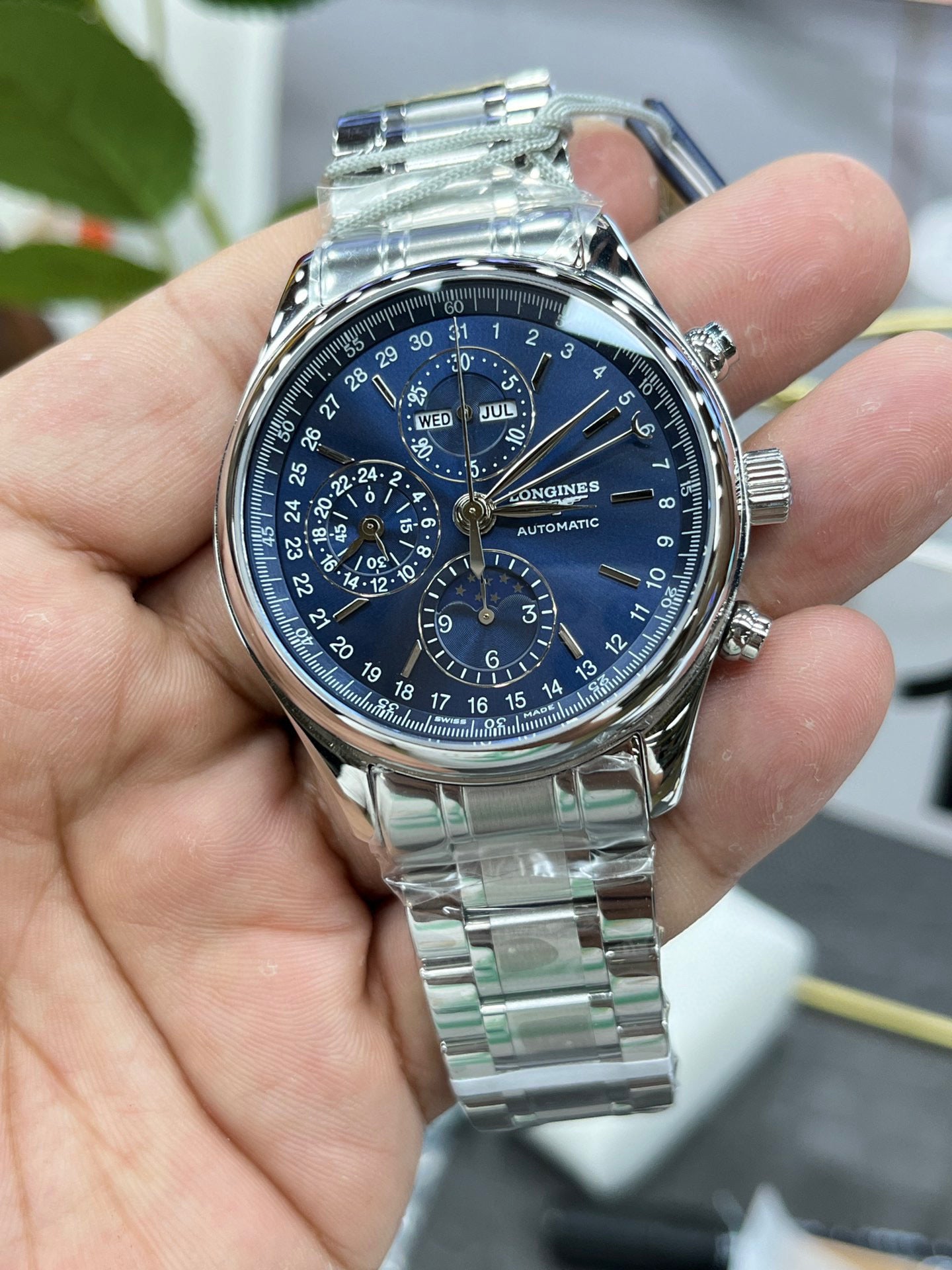Longines с 8 стрелками, лунный фазовый индикатор, синий циферблат