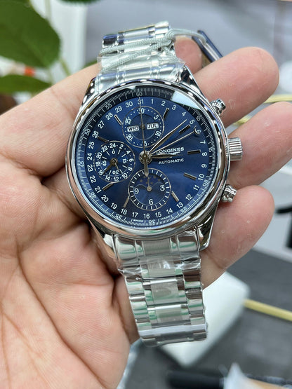 Longines с 8 стрелками, лунный фазовый индикатор, синий циферблат