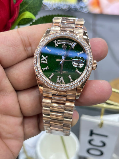 Rolex Day-Date 36 Diamond Bezel Aventurine Dial (Rolex Day-Date «Президентские часы» с бриллиантовым безелем и авантюриновым циферблатом)