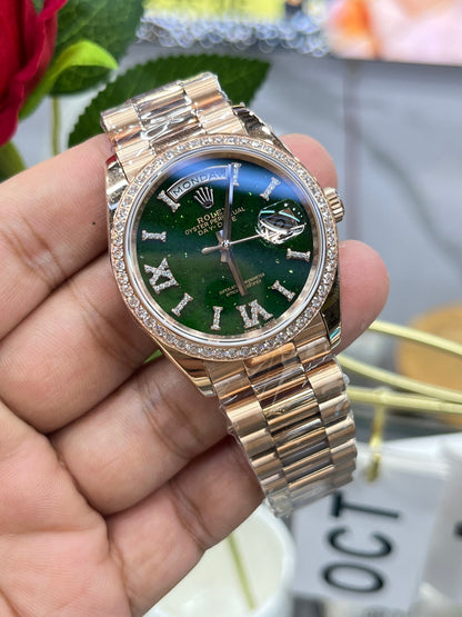 Rolex Day-Date 36 Diamond Bezel Aventurine Dial (Rolex Day-Date «Президентские часы» с бриллиантовым безелем и авантюриновым циферблатом)