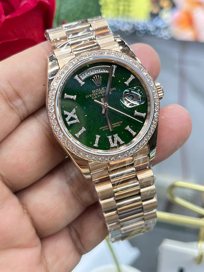 Rolex Day-Date 36 Diamond Bezel Aventurine Dial (Rolex Day-Date «Президентские часы» с бриллиантовым безелем и авантюриновым циферблатом)