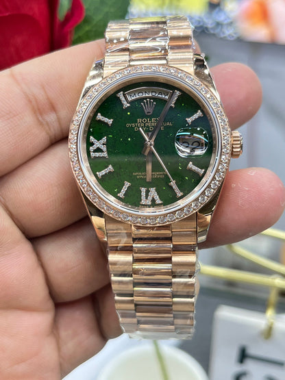 Rolex Day-Date 36 Diamond Bezel Aventurine Dial (Rolex Day-Date «Президентские часы» с бриллиантовым безелем и авантюриновым циферблатом)