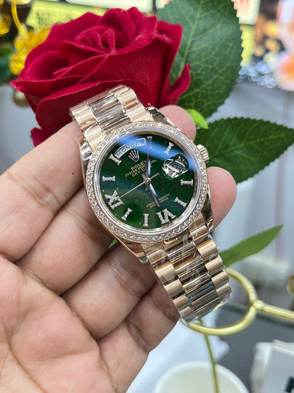 Rolex Day-Date 36 Diamond Bezel Aventurine Dial (Rolex Day-Date «Президентские часы» с бриллиантовым безелем и авантюриновым циферблатом)