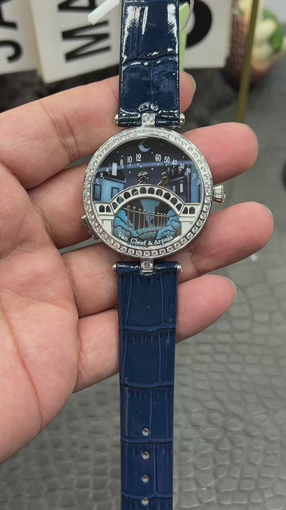 Van Cleef & Arpels Lady Arpels Pont des Amoureux Ref. VCARO8TY00 “38mm White Gold / Grisaille Enamel Dial with Diamond Bridge